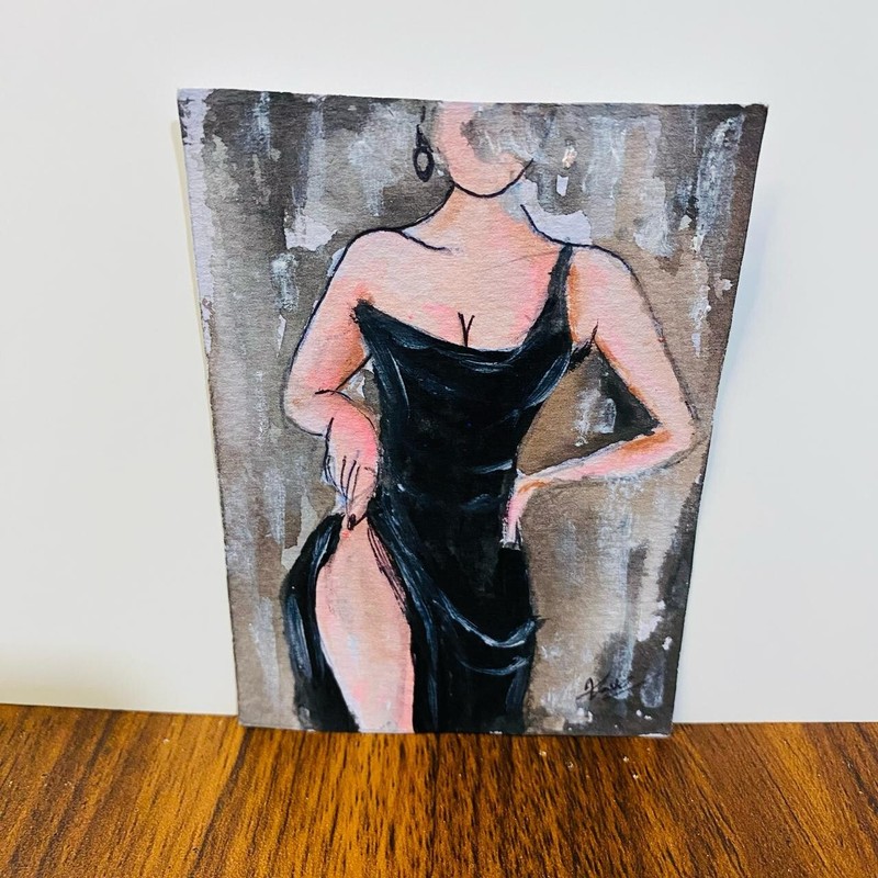ACEO Elegant Woman in Black Dress Fashion Illustration Painting Watercolor Art