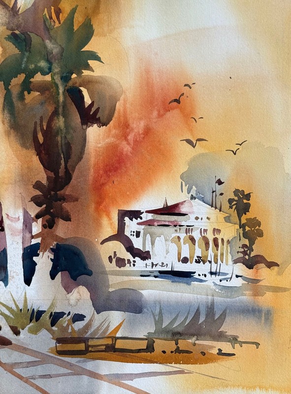 Vintage Palm Trees & Avalon Bay, Catalina Island Painting by Robert Gray