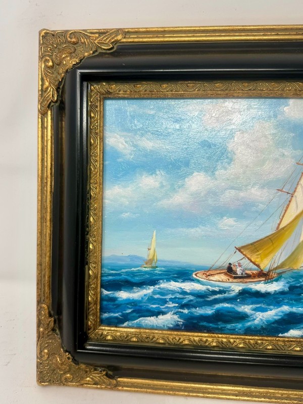 Framed Sailboat Seascape Painting Black Gold Frame Nautical Wall Art gallery