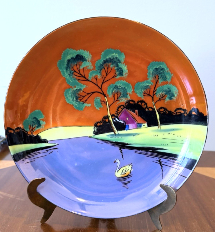 VIntage hand painted decorative plate swan lake landscape 1970s-1980s