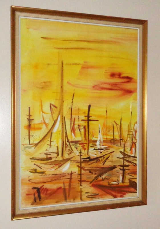 Peter Gullickson 1965 Impressionist Sailing Sail Boat Ships at Harbor Painting