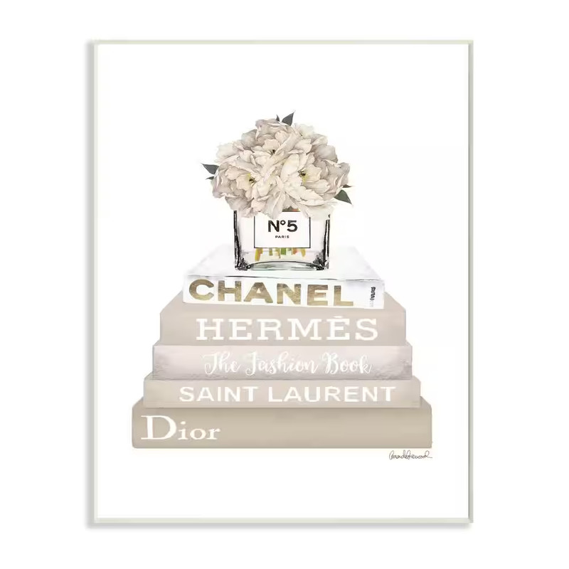 12.5 In. X 18.5 In. «High Fashion Bookstack with Tan Flowers» by Artist Amanda G