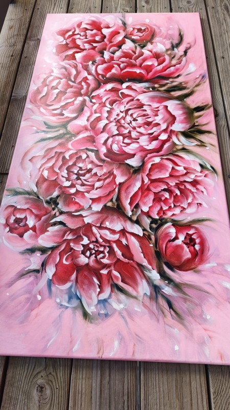 100% Original Oil Painting 23x48"Artwork Red Peonies Spring flowers Peony Art gallery
