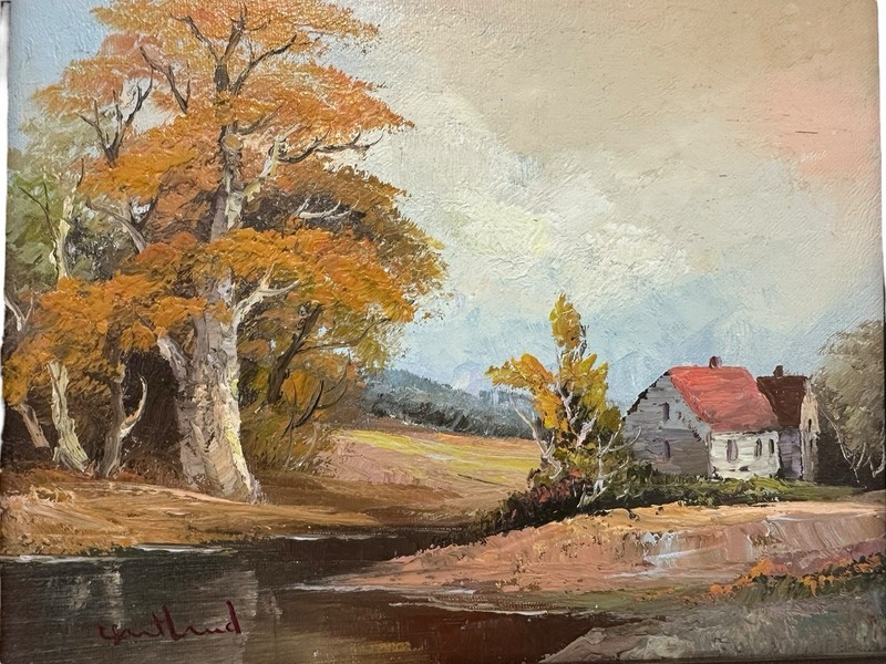 Vintage Original Oil On Board Signed Autumn At The Lake Landscape