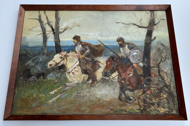 European Cavalry Battle Scene, Oil Painting on Panel. Signed. early 20th century