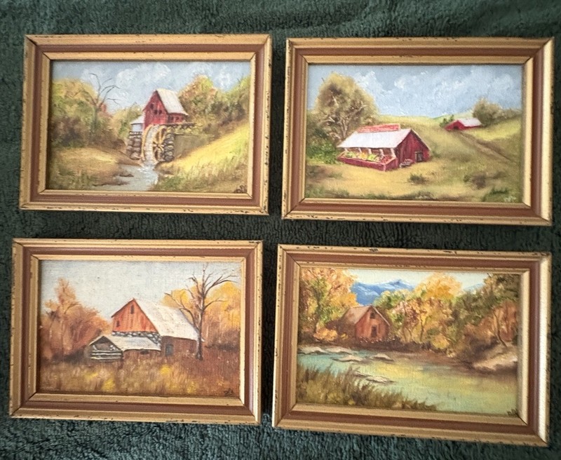Hand painted framed country art – Lot of 4. – 5″ by 7″
