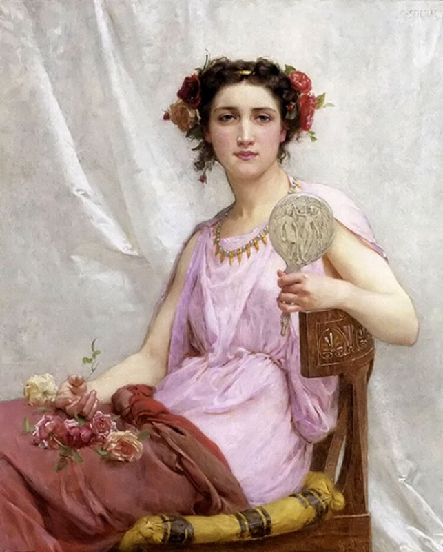Oil painting Guillaume Seignac – vanity girl with roses flowers mirror seated