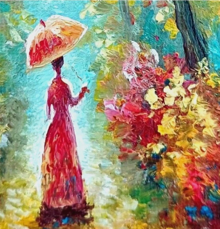 Original Autumn Trees Woman with Umbrella Walk Oil Canvas Painting Signed gallery