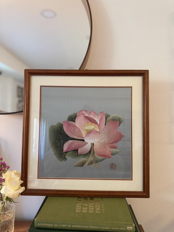 Chinese Silk Painting Embroidery Pink Lotus Flower Framed Signed by Artist
