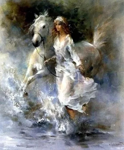 MQ1124 Handmade Painted Holding Horse Girl Passing River Oil Painting Canvas Art