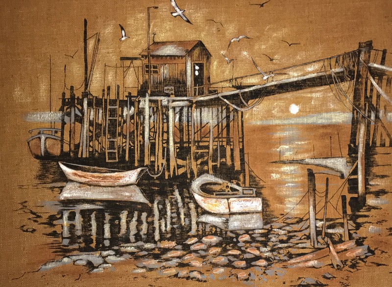 VTG. LARGE FRAMED ART BURLAP BOARD MARINA WHARF FISHING VILLAGE SEA SHANTY 4’x3’