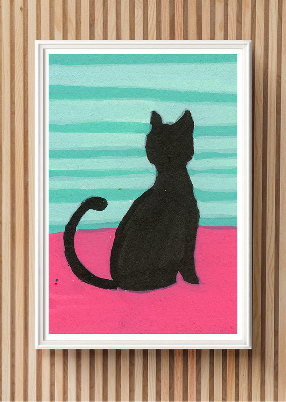 ACEO/ ATC Black Cat Acrylic Marker OOAK Original Art SaraClaireArt