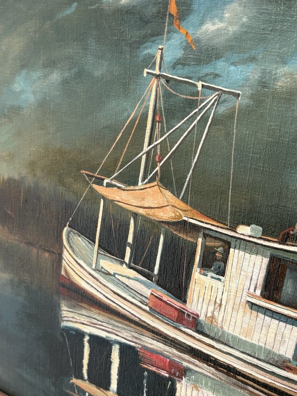 Vintage Oil Painting Fishing Boat Baton Rouge LA Edmund Ed Blouin Jr 🔥 28 x 24 gallery