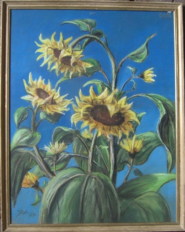 ::PASTELLBILD FLORALES STILLEBEN SONNEBLUMEN KÖPFE UNTER FREIEM BLAUEM HIMMEL