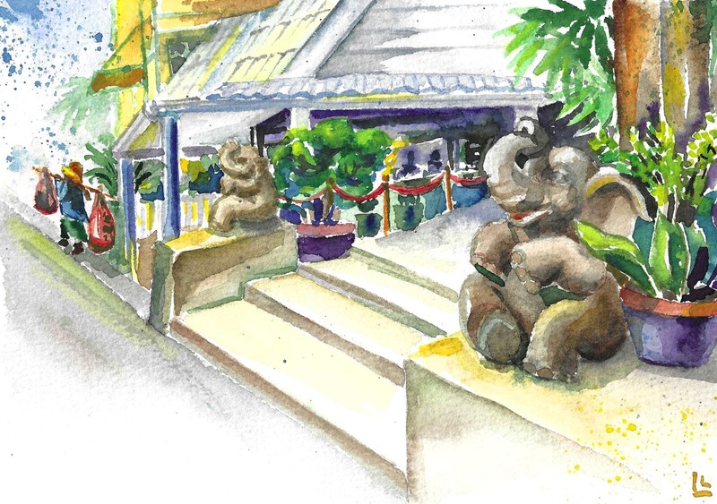 Asia Landscape painting, Watercolor artwork, Hong Kong, Samui, Thailand