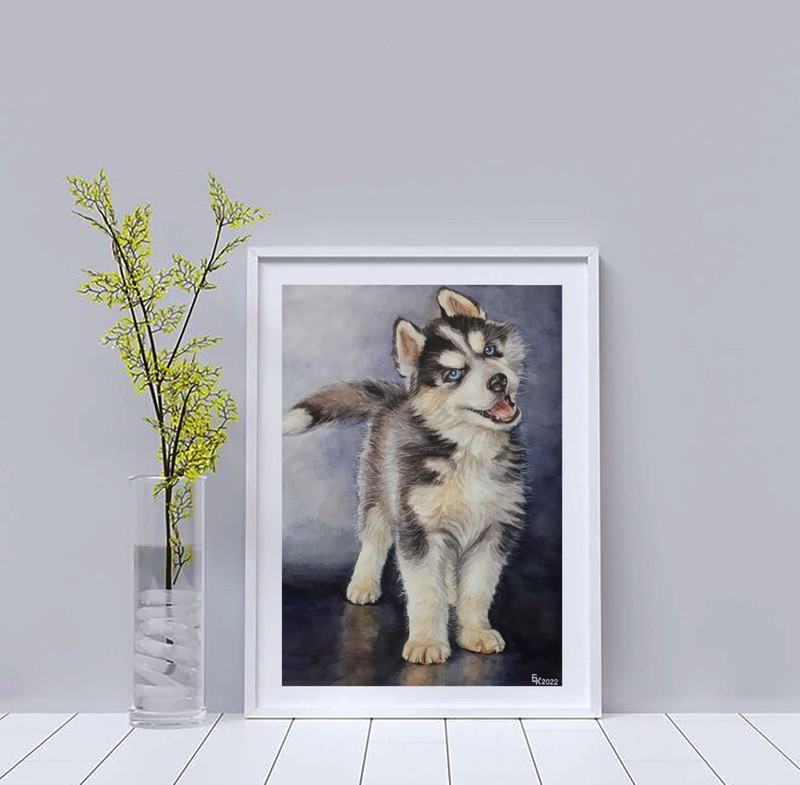 Siberian Husky Dog Cute Puppy animal portrait watercolor painting Nursery A4 Art gallery