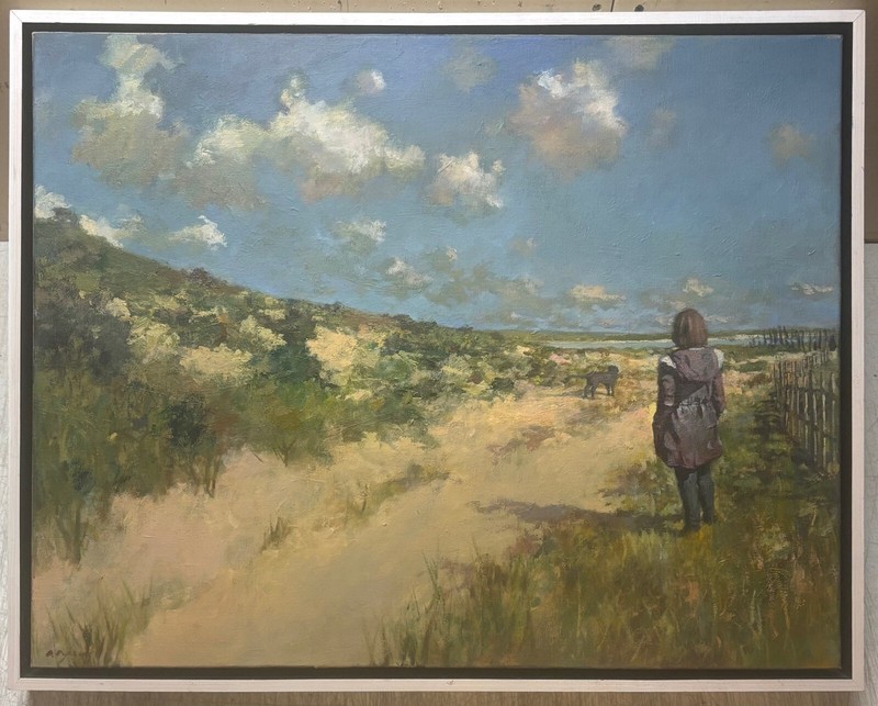 DEREK BUCKNER ‘Walking the Dunes w BLACK LAB DOG’ Painting – Listed CONTEMPORARY
