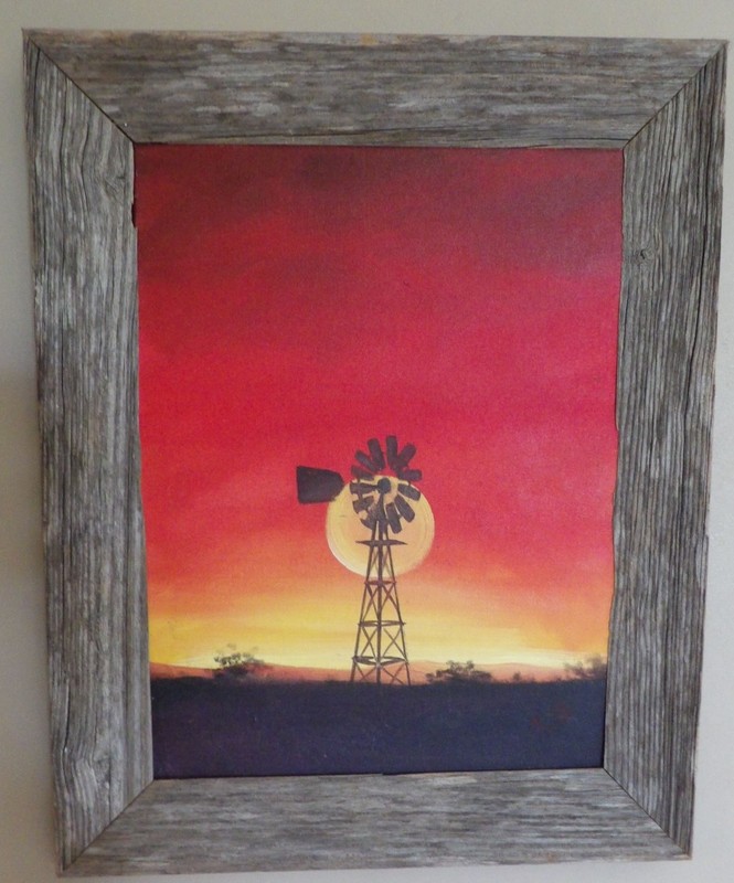 Windmill sunset acrylic painting, very vibrant colors, original sign T.B. framed