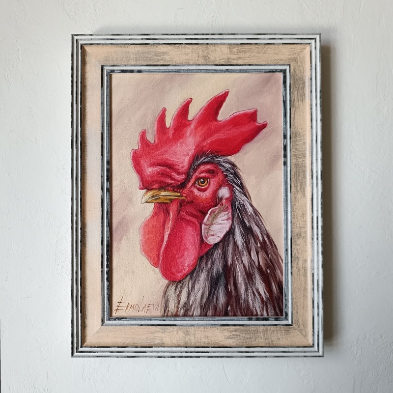 Original Rooster Oil Painting Framed Farmhouse Bird Portrait 7×9 in