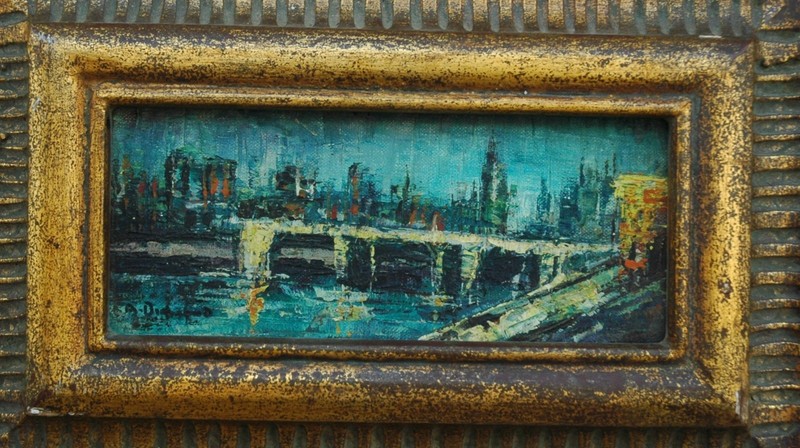 Vintage Small Work Oil on Board of a New York City Bridge & Skyline Scene