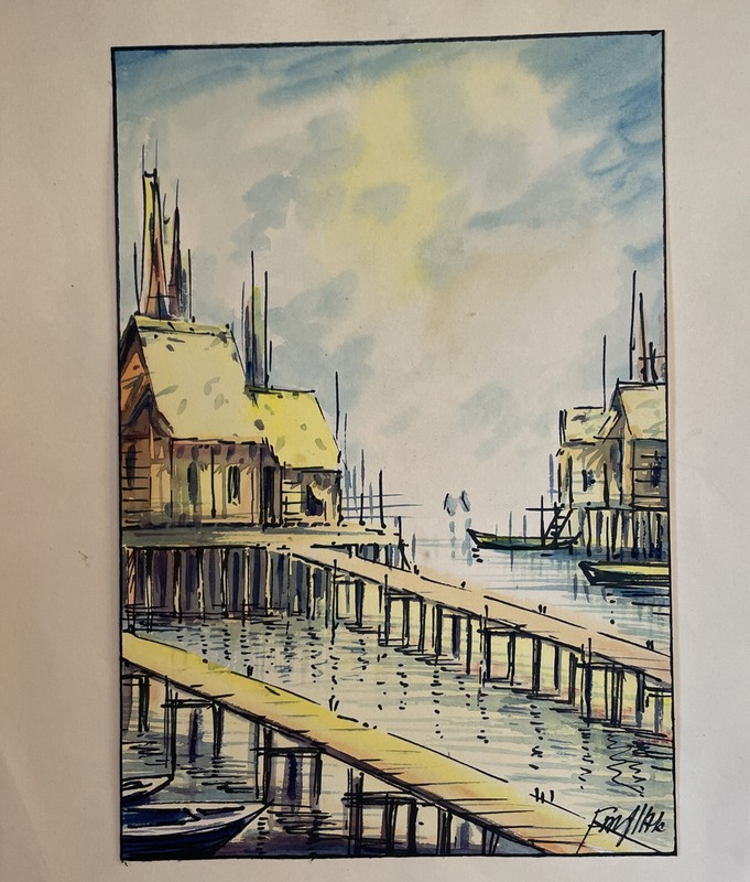Vintage Original Signed Pen & Ink Watercolor Painting Village On Waterway Dock gallery