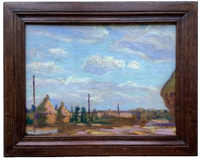 French Impressionism Signed – Oil Painting – Landscape at Haystacks Road