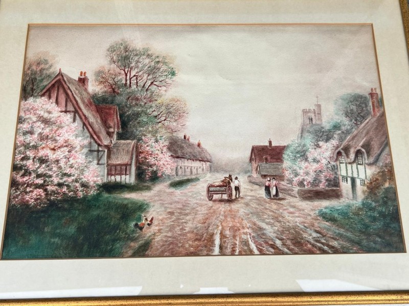 Vintage English Landscape Thatched Roof Home House Flowers Cottage Rural England