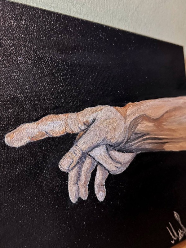 Hand-painted artwork, signed, realistic hands, symbolic gesture, modern oil pain gallery