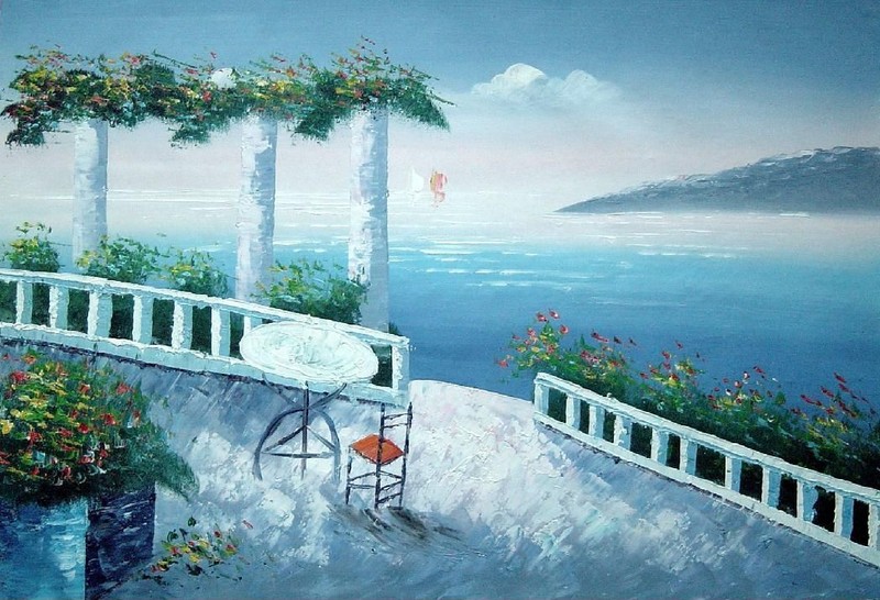 24×36 Mediterranean Fantasy Seashore Garden Oil Painting Impressionism