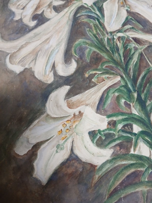 Antique 1913 Watercolor Art Easter Lillies Artist Marquerite Arrell 17″x 14″