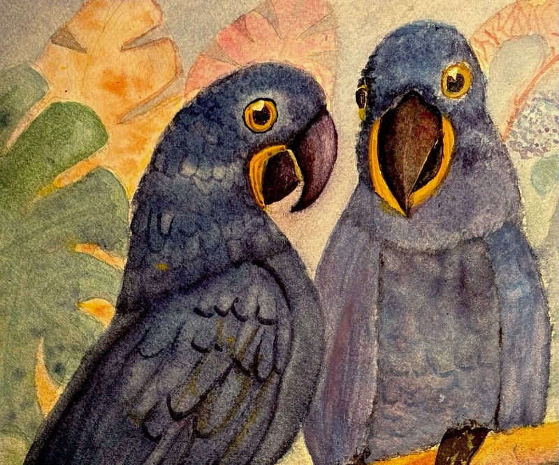 Original 10×13 Hyacinth Macaw Pair Tropical Bird Wall Beach Coastal Seaside Art