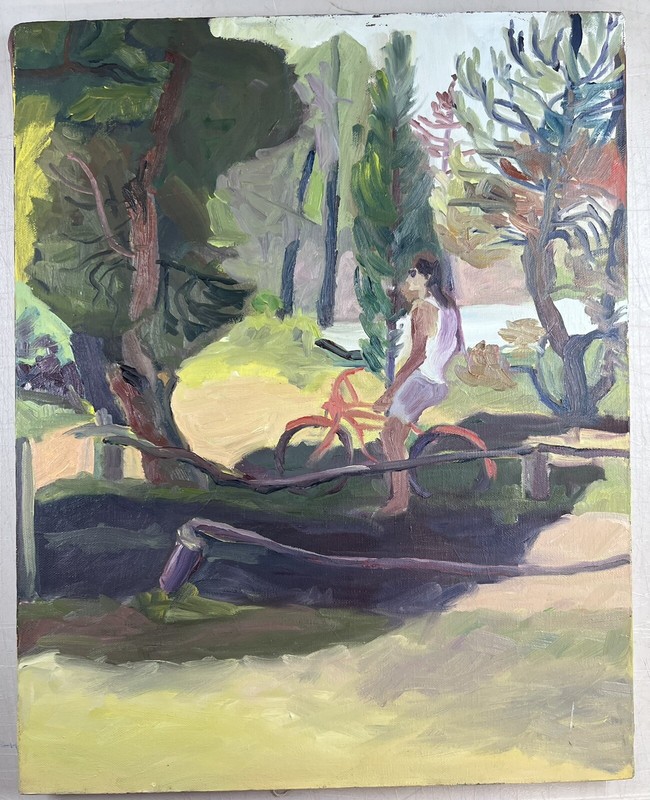Oil On Canvas Painting Impressionist Man Riding Bike Halter Signed 20×16″