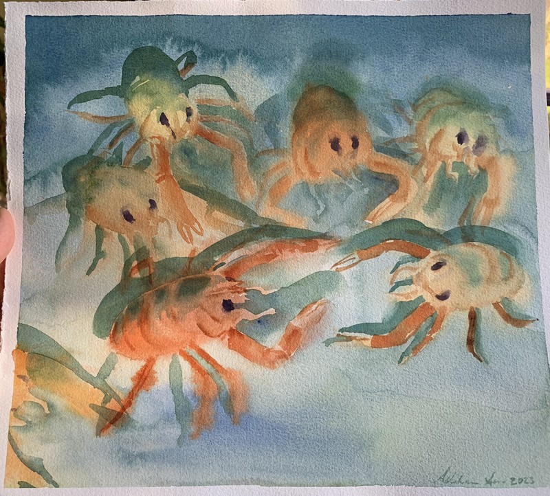 Original watercolor painting Crab Party Underwater undersea marine life artwork