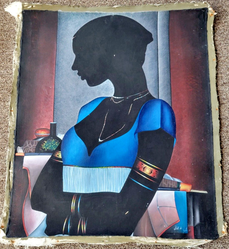 Vintage Original «Femme Assise» Haitian Oil Painting On Canvas Signed 2004