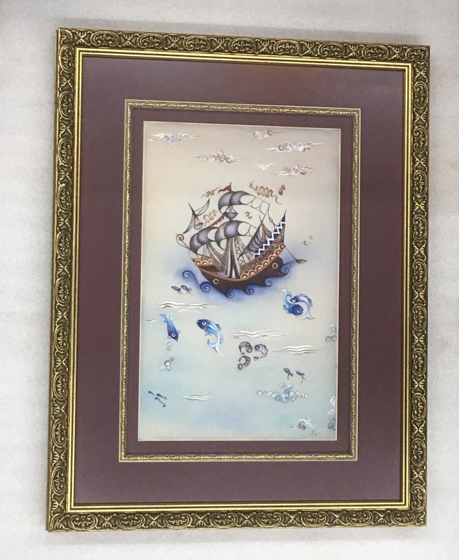 SAILBOAT Ocean Theme – Framed & Signed Art on Silk by Emel Yigitoglu Turkey