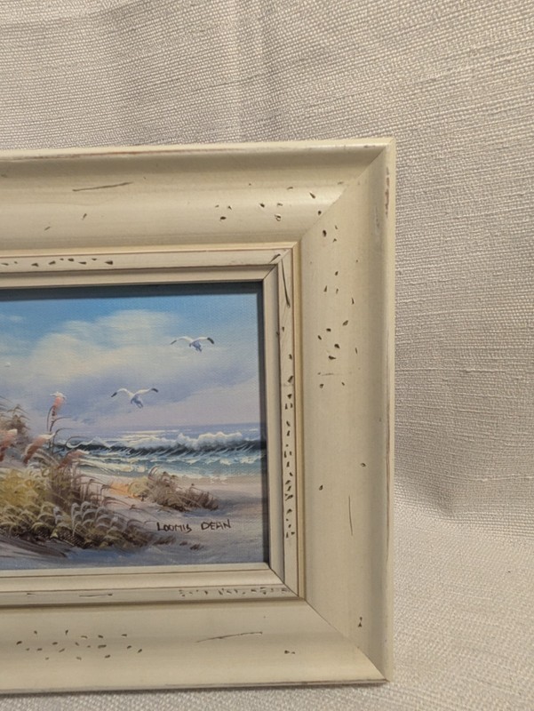 Framed Oil Painting "Light House, Beach, Seagals" Signed Loomis Dean. 10.5 X 8.5 gallery
