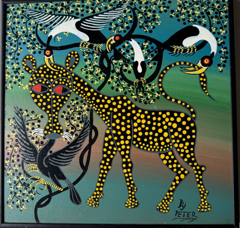 Tinga Tinga Painting 12″x 12″ Framed Classical on Wood Signed Peter