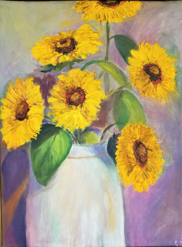 Signed Oil Painting Still Life Sun Flowers Vase Vibrant Casey on Canvas Board