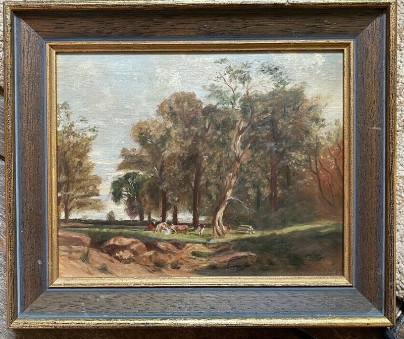 Painting Small Romantics Khe Trees on One Clearing Um 1900 Antique Frame