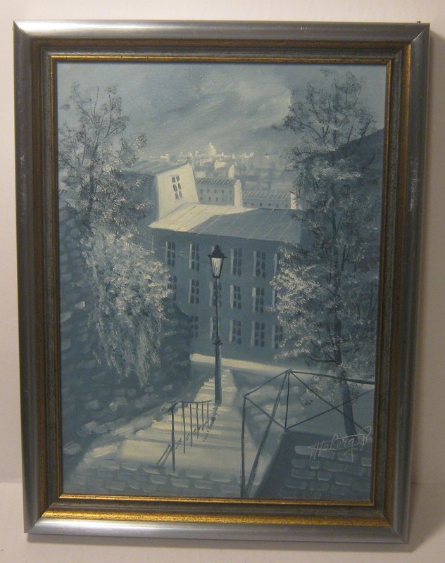 Winter City Scape Oil on Canvas Painting SIGNED «Hoberg» Framed!!!!