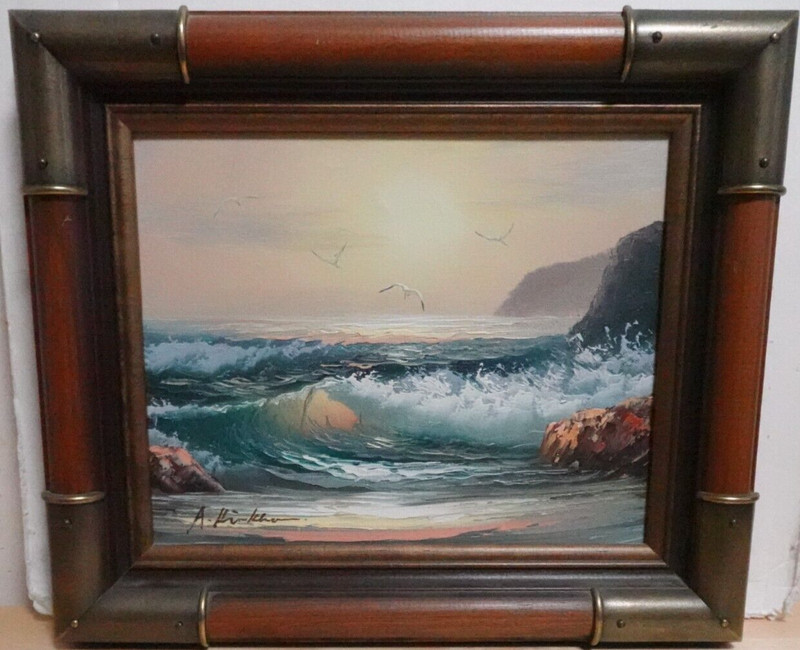 A KIRKHAM SMALL ORIGINAL OIL ON CANVAS BIRDS SEASCAPE PAINTING FRAMED
