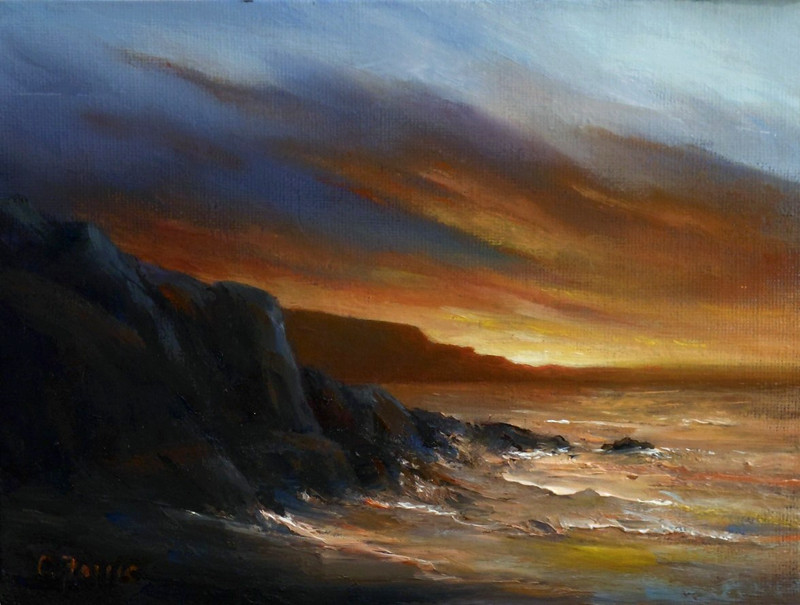 Fire in the Sky 6×8 original oil painting by Celene Farris. Maine Coast nocturne