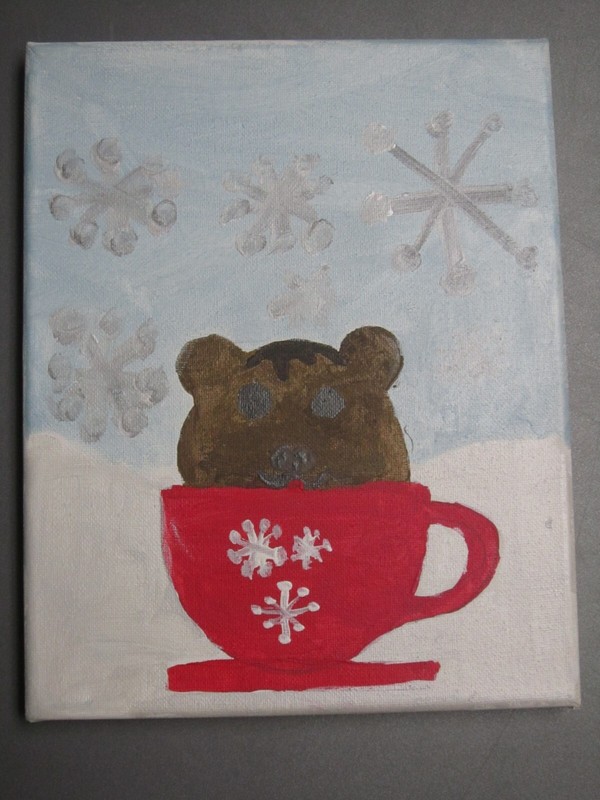 Original Winter Canvas Painting Snowing Brown Bear in a Red Teacup 8″x10″x1/2″