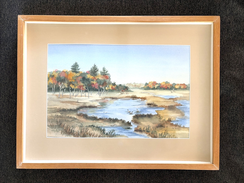 Vintage Marsh Autumn Landscape Watercolor Painting 21.5×16.5″ Signed