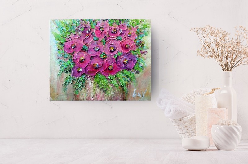 Pink Blush Floral Bouquet Painting 10x8 Original Textured Canvas Art gallery