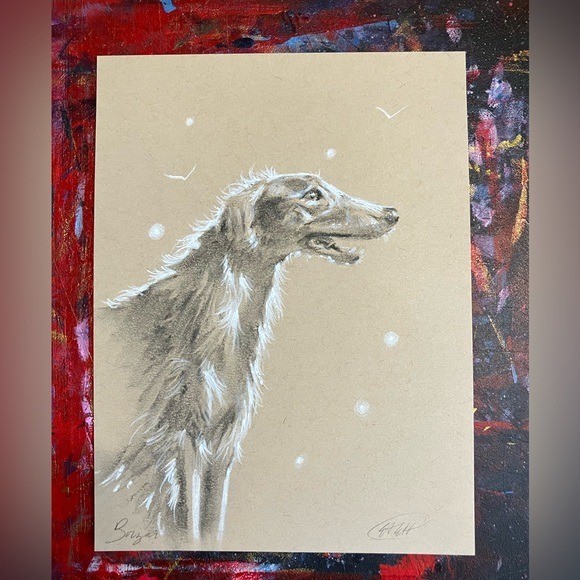 ORIGINAL Borzoi Dog painting Art Charcoal Pastel Russian canine tonal Artwork US