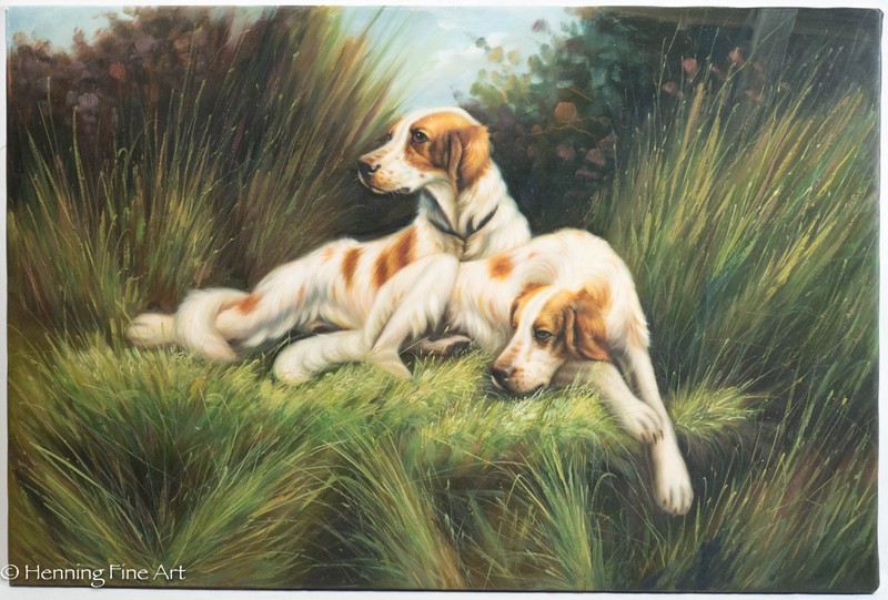 Beautiful English Setter Oil Painting Hunting Dogs Laying in Tall Grass 24 x 36″