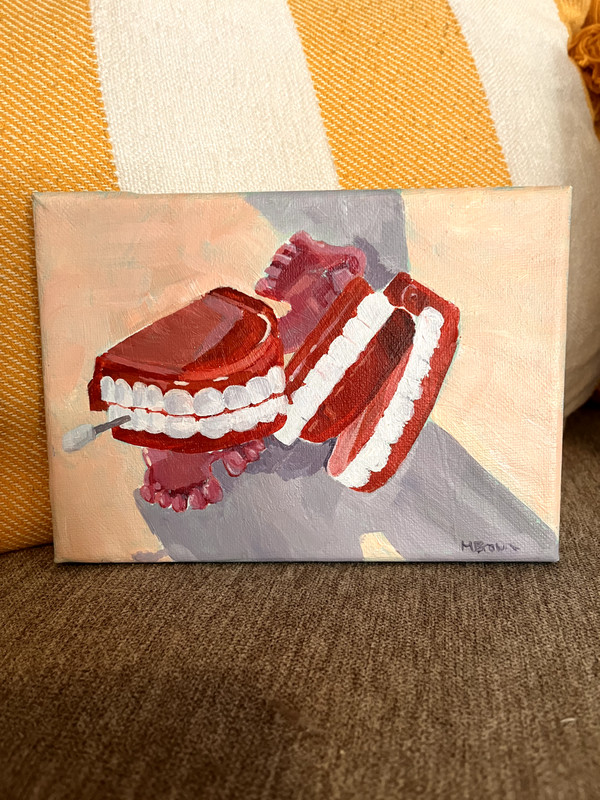 acrylic paiting on canvas. quirky chattery teeth.