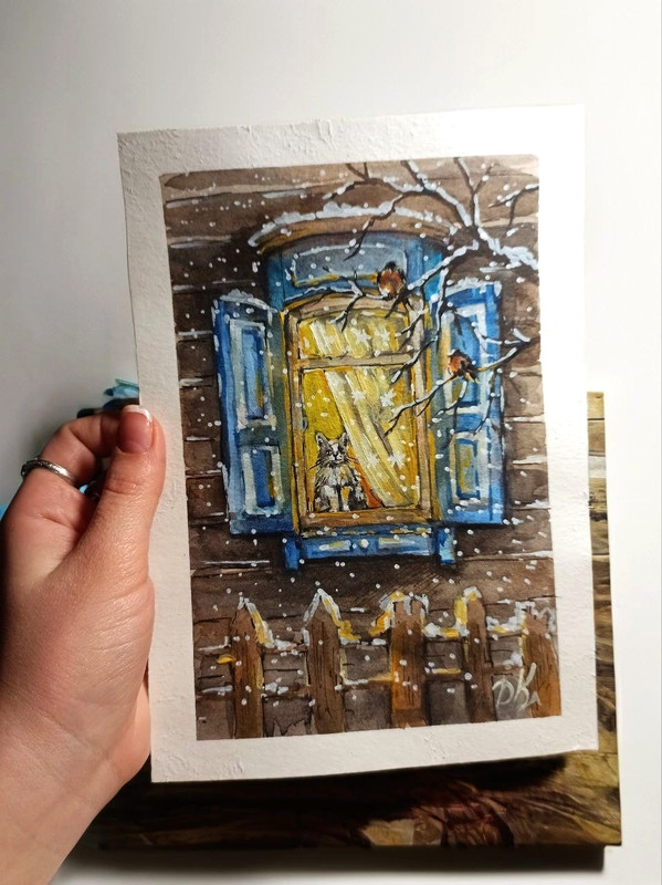 Original Watercolor Painting Winter Window Cat Cozy Snow Christmas Art 6х8 in gallery