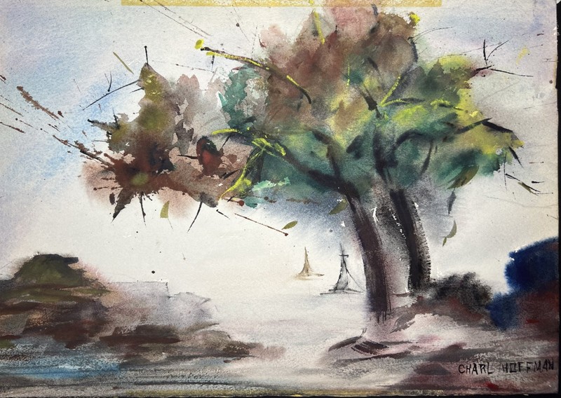 Waterscape with Trees–Charlotte Hoffman Watercolor–Mid 20th Century American Art